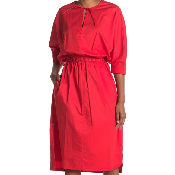 Jason Wu Vibrant Red Keyhole 3/4 Sleeve Poplin Midi Dress - Picture 1 of 6